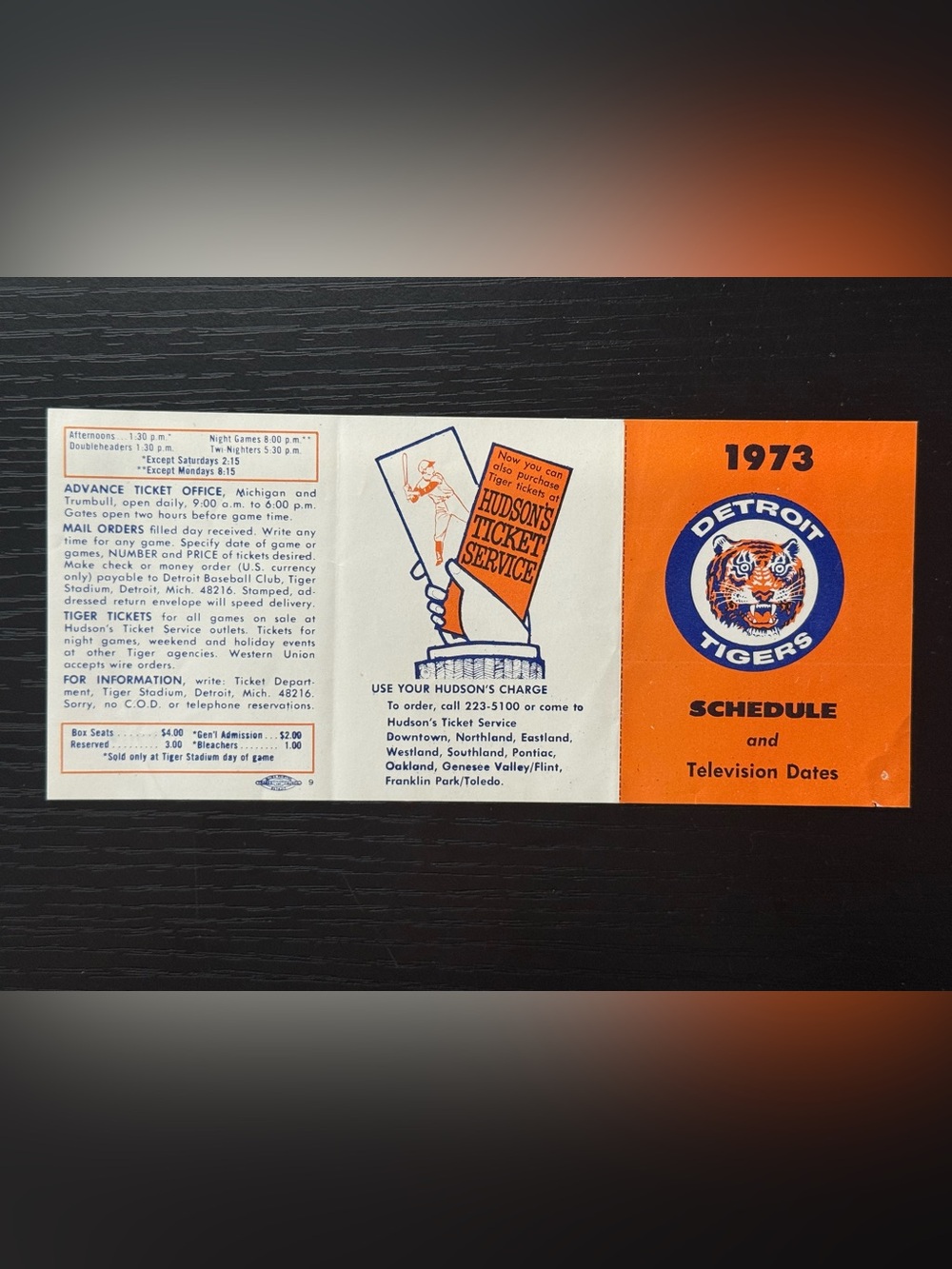 Vintage 1973 MLB Detroit Tigers Baseball Schedule & Television Dates